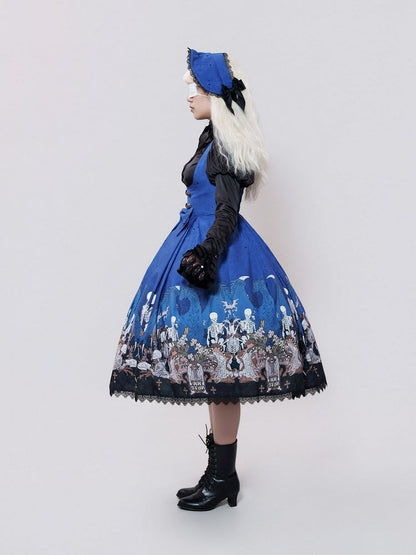 Blue Skeleton Cross Print Under Bust Gothic Lolita Dress with Black Lace Trim - NnSTAR