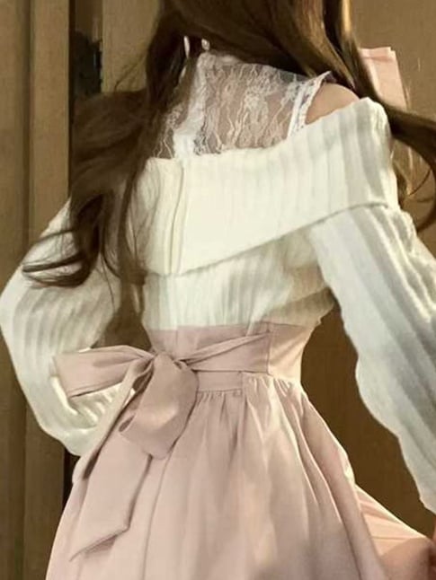 Maxi with Crossed Kei Illusion Sleeves Jirai Tie Pink Shoulder Dress Aesthetic Soft Light - Neck Open