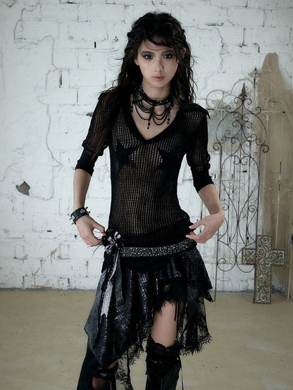 Black Star Pattern V-Neck Knit Top Hollow Out Punk - NO ROMANCE