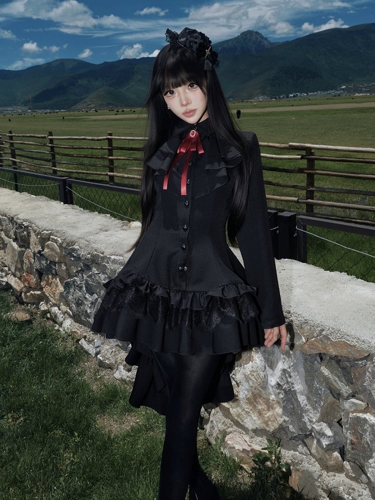 High-Low Ruffled Lolita Dress with Red Bow Tie, Long Sleeve Black for Autumn - muggle studio