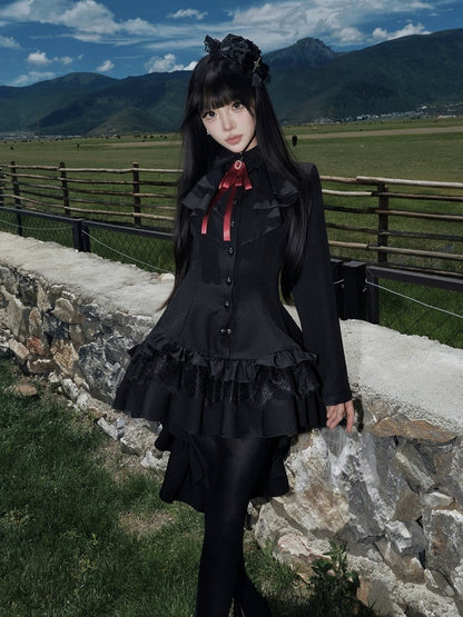 High-Low Ruffled Lolita Dress with Red Bow Tie, Long Sleeve Black for Autumn - muggle studio