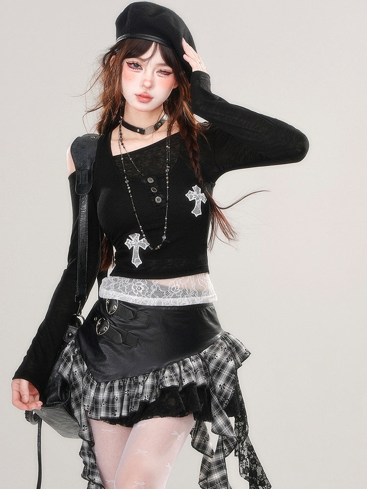 Grey Asymmetrical Neckline Top with Lace Cross Appliques Tank Top Set