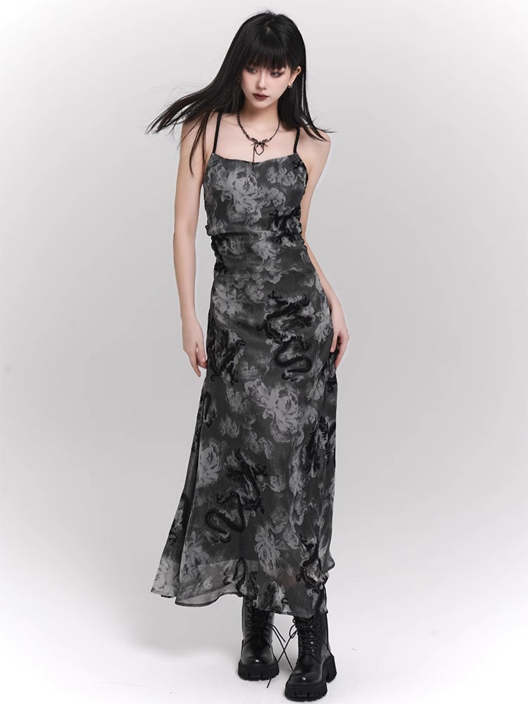 Black and Gray Dragon Print Backless/Covered-Back Slip Dress