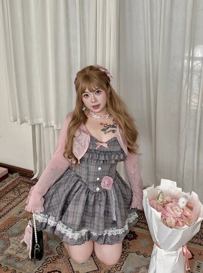 Sweet Rose Checkered Dress with Floral Buttons and Lace Trim - Hard Candy