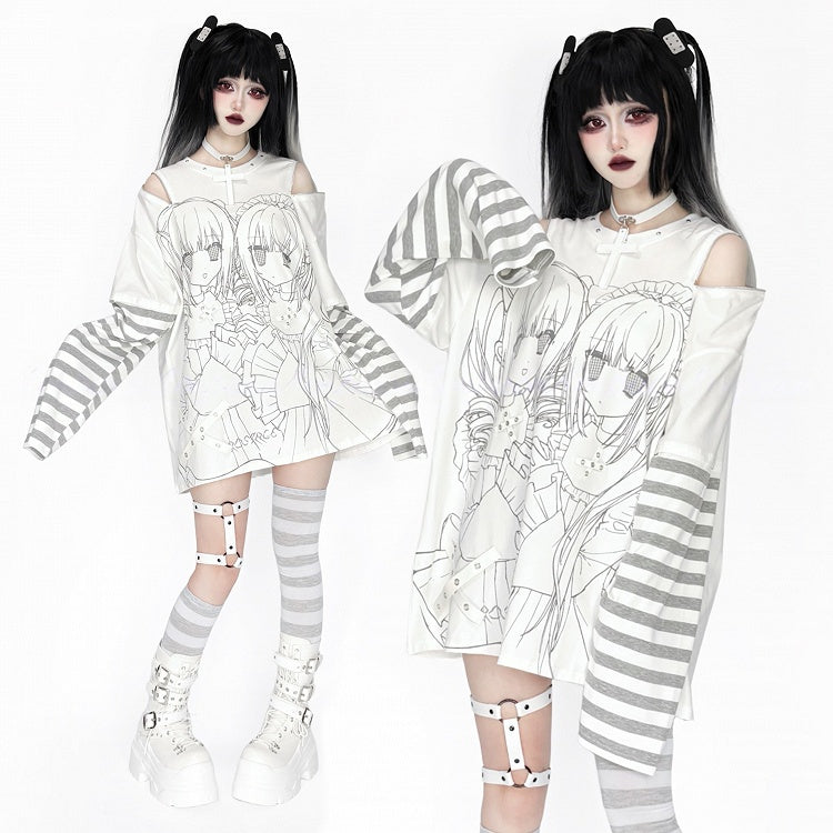 Printed Striped Top Cutout Landmine Style Girl White Zip-Adjustable Gray Shoulder
