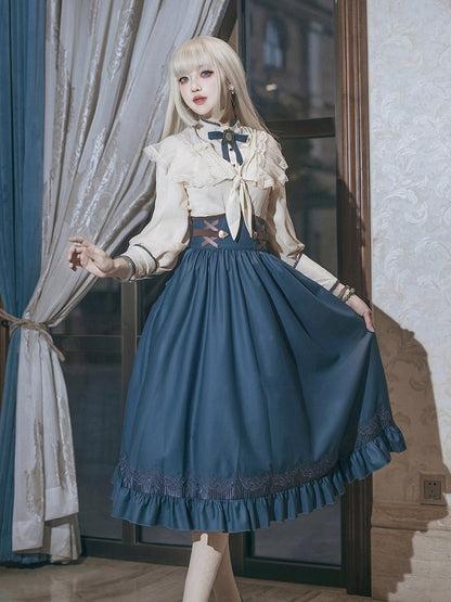 Preppy Beige & Blue Bow Lolita Blouse + High-Waist Skirt + Cape Ensemble - Xiong Dou Jiang
