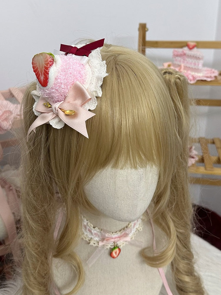 with White Strawberry-Adorned Pink Sweet Lolita Lace Mini Hat Ruffles