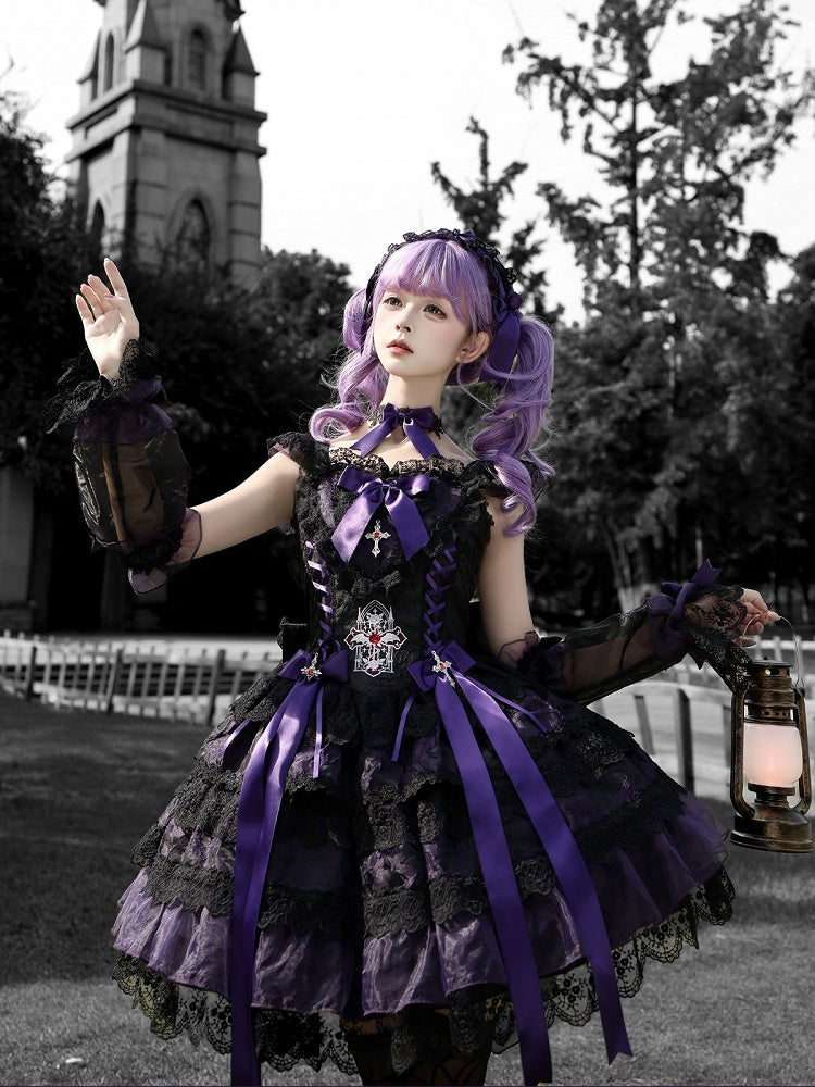 Gothic Lolita JSK Dress with Cross & Spider Details, Layer Lace Trim & Bowknots in Black & Purple - Dream Flower Box