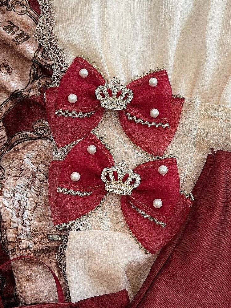 Beaded Bowknot Rhinestone Crown Red Black/Wine Decorated And Hairclip