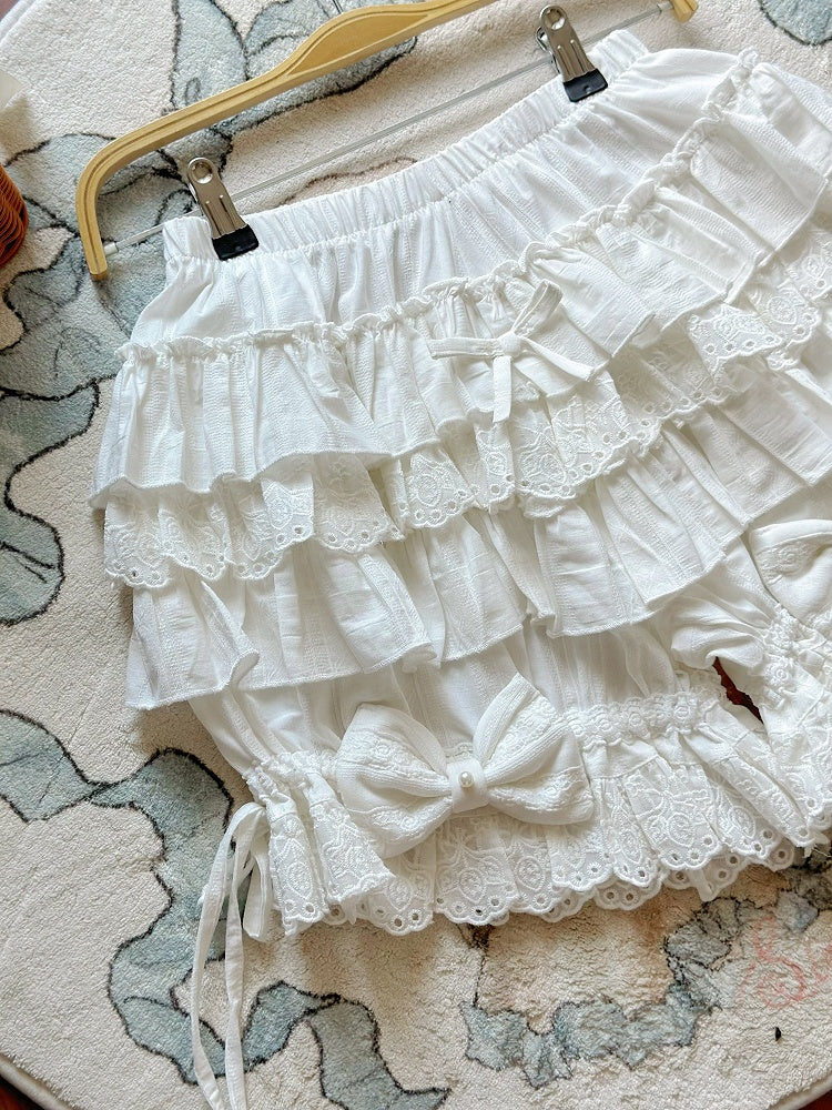 White Lolita Cotton Bloomers Tiered Ruffles Bow Accents - Jelly Girl