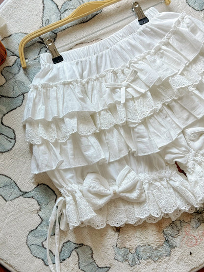White Lolita Cotton Bloomers Tiered Ruffles Bow Accents - Jelly Girl