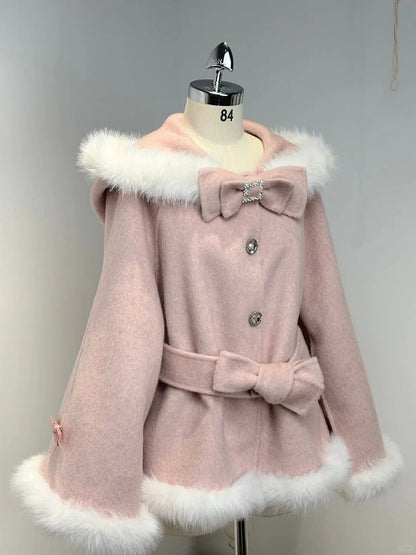Plush-Trimmed Pink Cape Coat - Jirai Kei Pure Style with Detachable Bunny Ears & Bow Accents