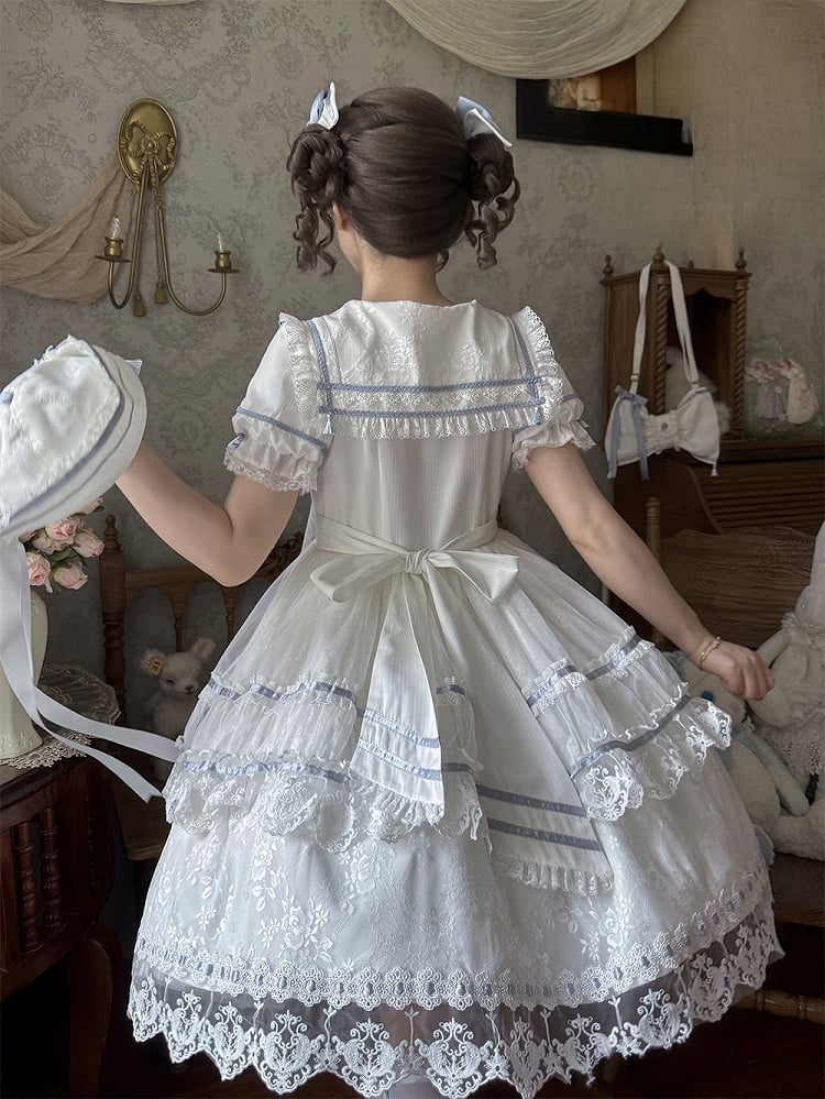 Ivory and Azure Lace Sailor Gown with Stitched Accents - Honey Machine