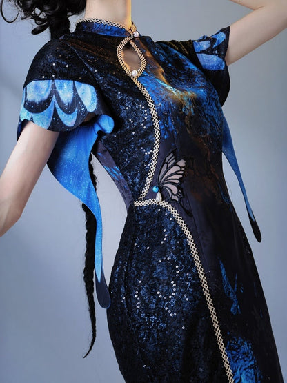 Satin Black & Blue Butterfly Cheongsam Long Dress with Floral Print - sijinstudio
