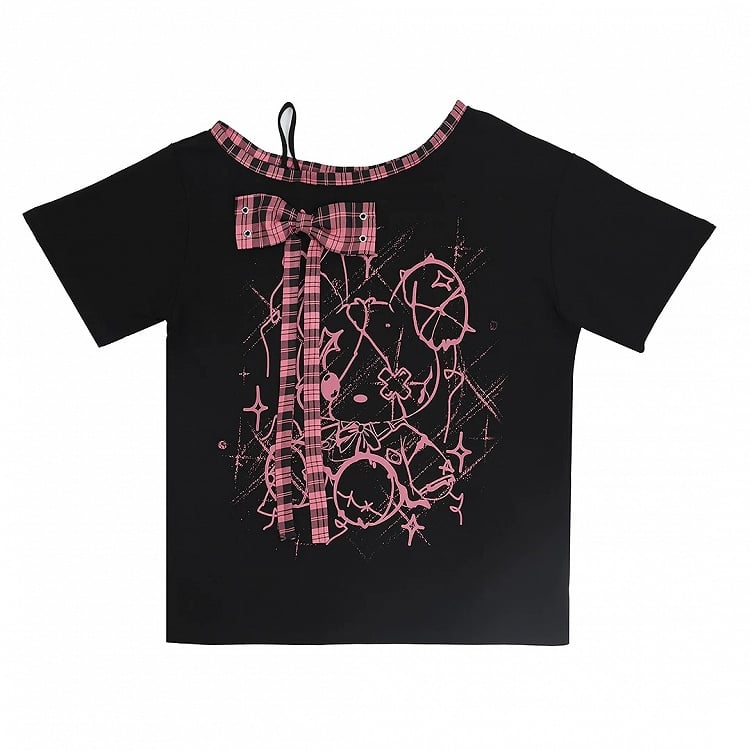 Ebony and Rose Asymmetric Tee with Doll Graphic and Check Bow - Catwish