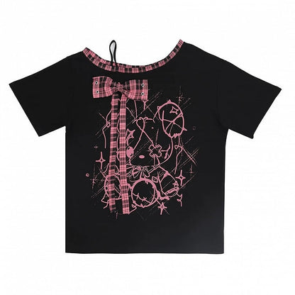 Ebony and Rose Asymmetric Tee with Doll Graphic and Check Bow - Catwish