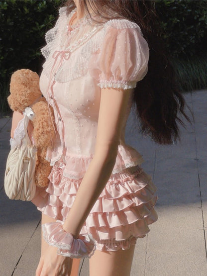 Puffärmel-Top Rosa Chiffon Polka Dot