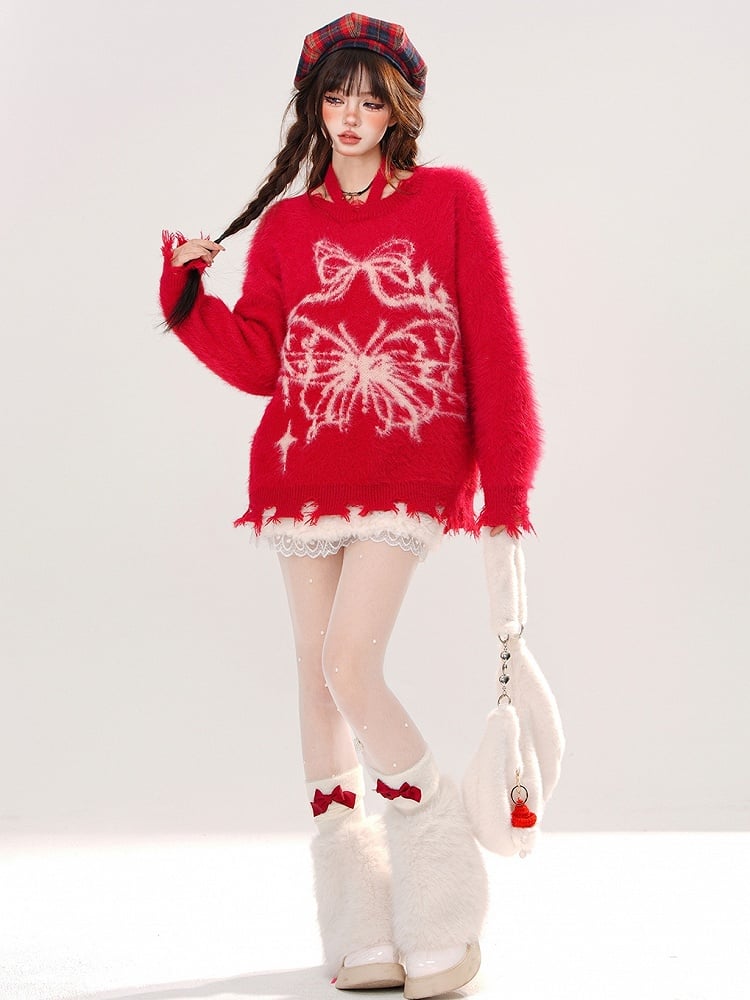 Rot/Grüne Schleife und Schmetterling Neckholder Mohair Weicher Pullover Distressed Trim