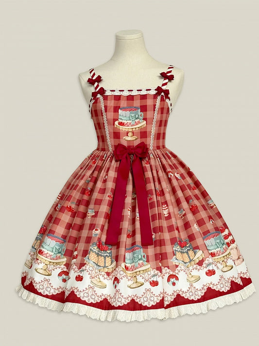 Red Gingham Pattern Cherry and Dessert Sweet Lolita Jumper Skirt