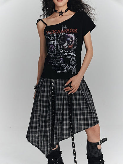 T-shirt Punk avec imprimé à nouer, asymétrique, noir, motif anime