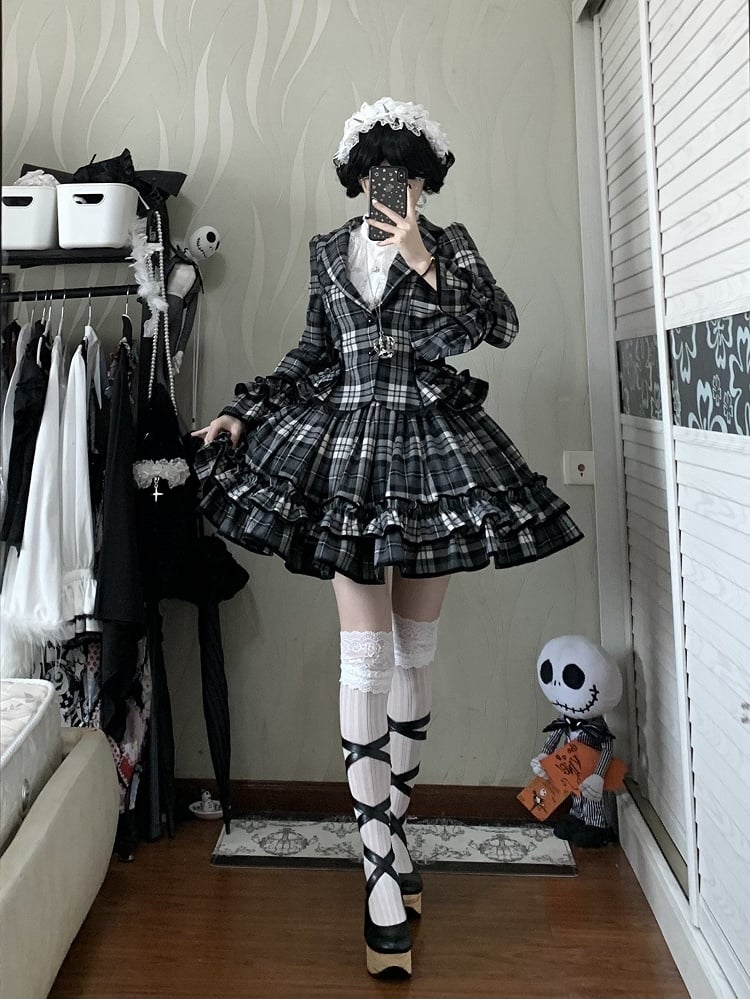 Notched + Old Lolita White Skirt Lapel Plaid - Set Black School Ruffled Blazer