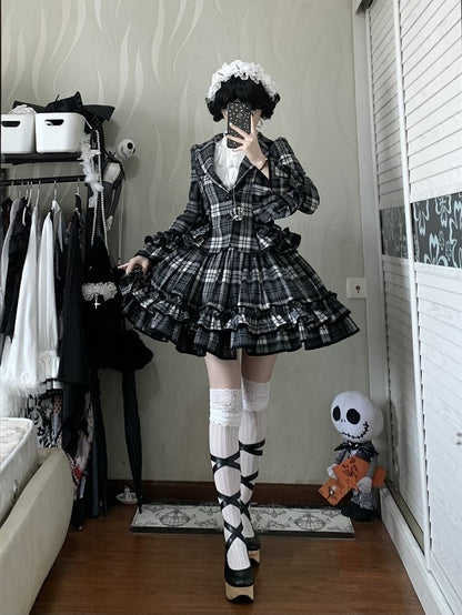 Notched + Old Lolita White Skirt Lapel Plaid - Set Black School Ruffled Blazer