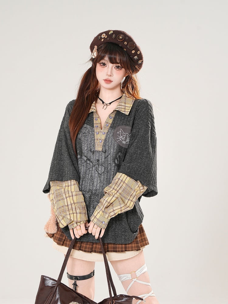 Dark Gray V-Neck Top with Bear Print and Plaid Patchwork Knit