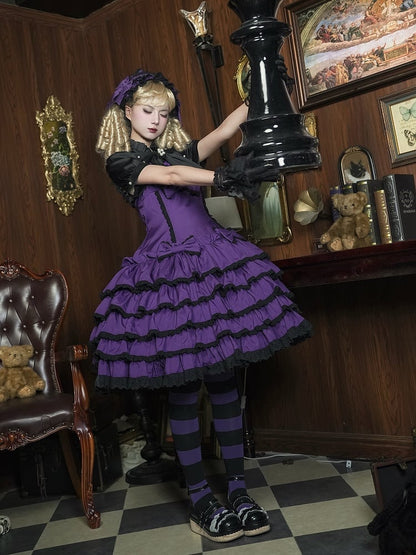Lolita Gothic and Purple Lace Accents with Trim Dress Ruffles Black Bow Tiered