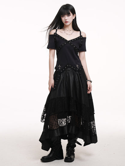 Hem Lace Patches Skirt Black Elastic Waist Asymmetrical