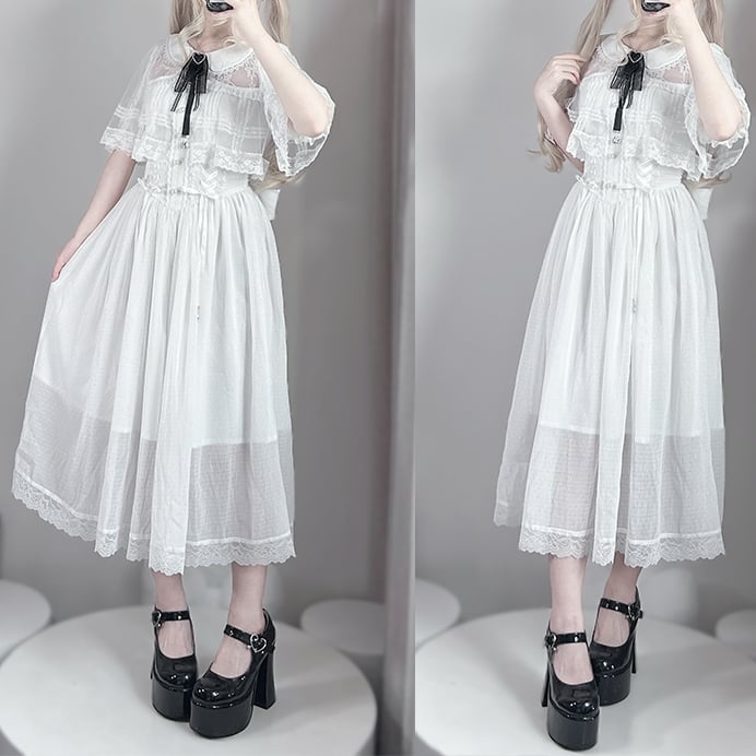 Kei Design Jirai Long and Lace-up Waist Fabric with Cape White Dress Chiffon