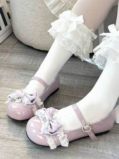 Sweet Purple Flat Mary Janes - Polka-dot Top Bow, Lace Details & Rhinestone Heart Clasp