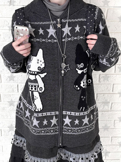 Two-way Cardigan Zip Kawaii Placket Grey with Daily