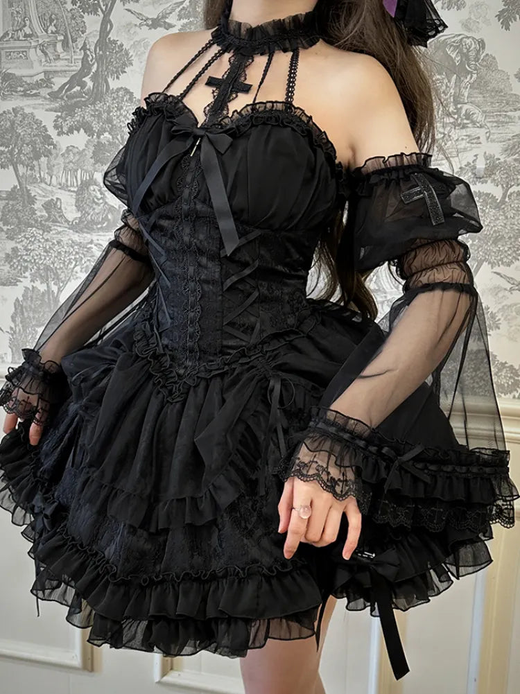Cross Belle Schwarzes Neckholder-Korsettkleid Gothic Lolita JSK