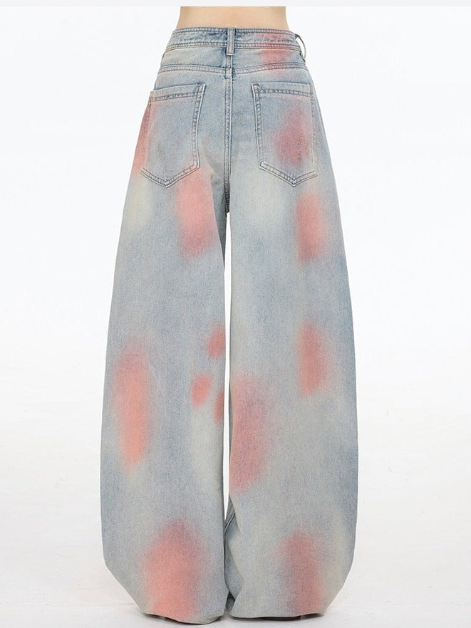 Casual Kawaii Wide-Leg Jeans with Pink Spray Print