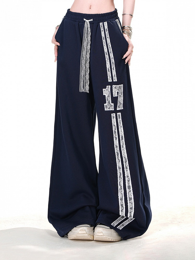 Waist Sports Navy Blue Elastic Waist Lace Drawstring Wide-Leg Pants