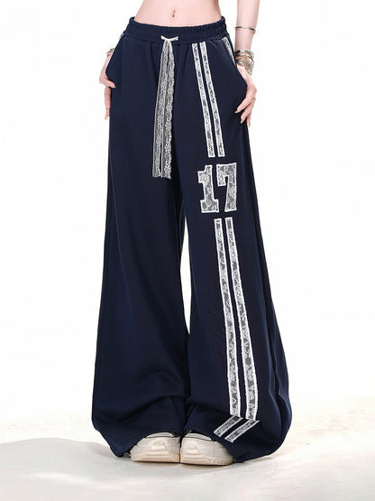 Waist Sports Navy Blue Elastic Waist Lace Drawstring Wide-Leg Pants