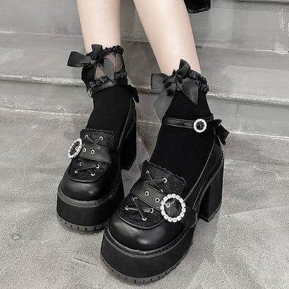 Jirai Shoes Style Kei Heels Schwarz Matt Chunky Plateau Landmine