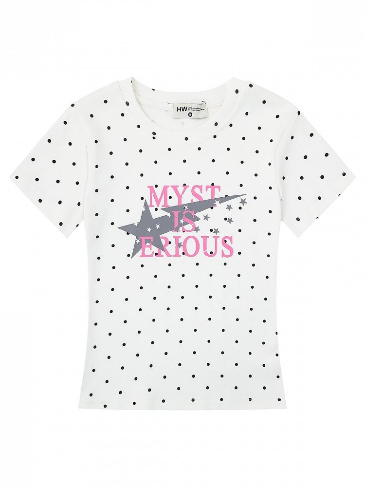 White Fitted Tee with Polka Dot & Letter Design - Languid Park