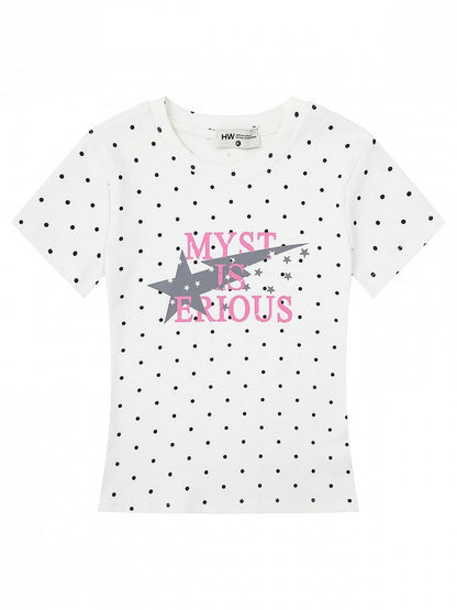 White Fitted Tee with Polka Dot & Letter Design - Languid Park