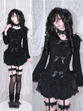 Autumn Dark Fashion Long-Sleeve Top with Black Lace & Bow Decor Plus Matching Choker - HBreaker