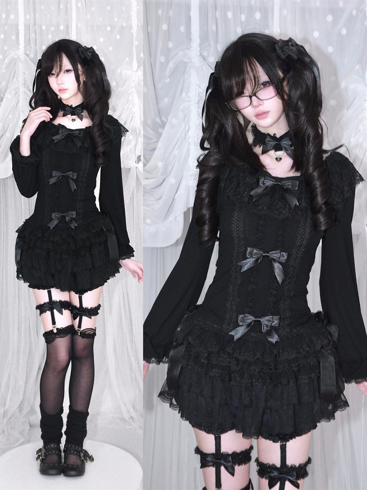 Autumn Dark Fashion Long-Sleeve Top with Black Lace & Bow Decor Plus Matching Choker - HBreaker