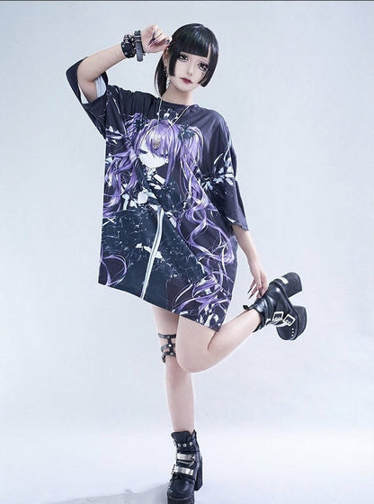 Oversized Anime Girl Print Tee - Tribuo Flos