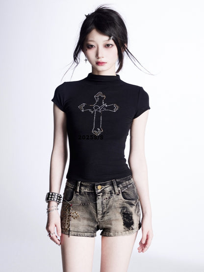 Glamorous Denim Shorts Taille Kreuz Nieten Distressed Schwarz Niedrig