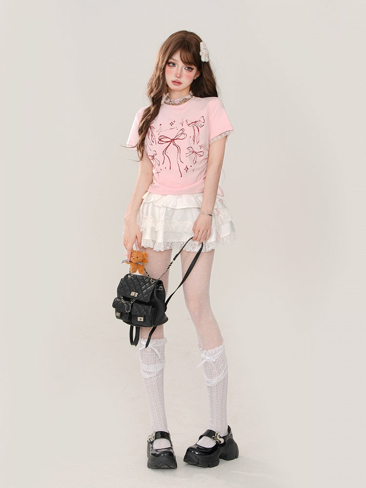 Waist Drawstrings Pink T-shirt with Lace Trim and Bow Print