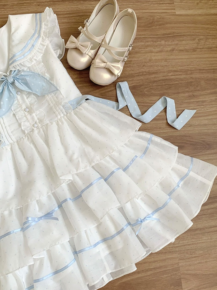 Tiered White and Blue Polka-dot Pattern Dress Sailor Collar Navycore Skirt