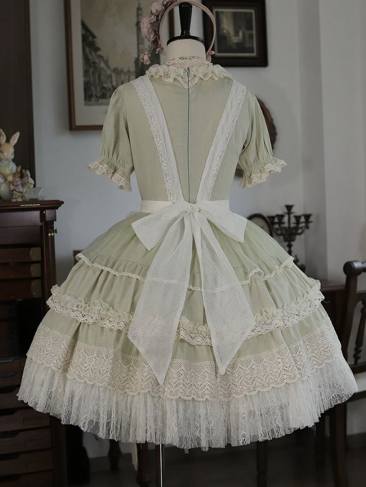 Green Square Neck Lace OP Dress - Tiny Garden