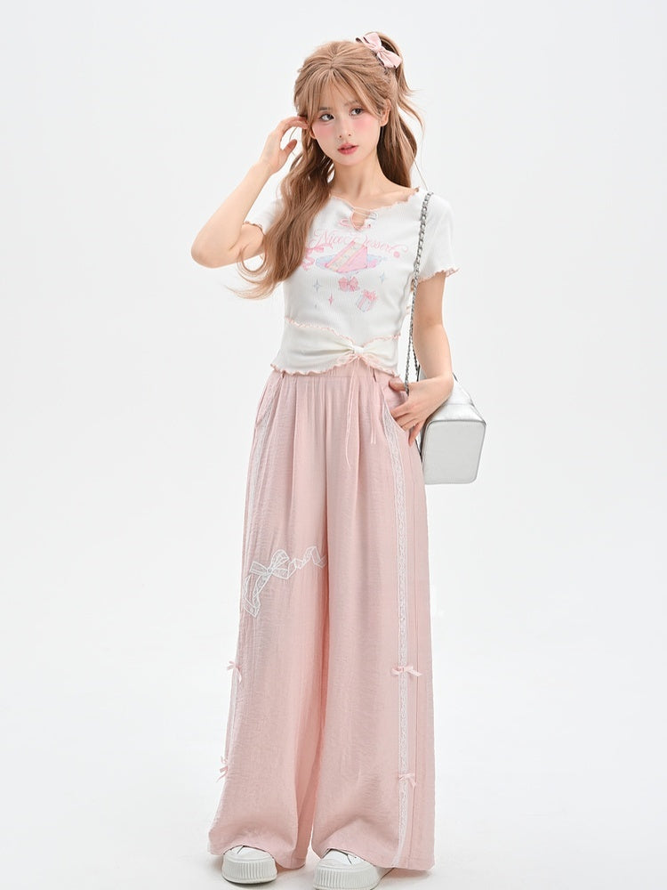 Sweet Regular/Short Pink High Version Waist Wide-Leg Pants Bowknot Embroidery