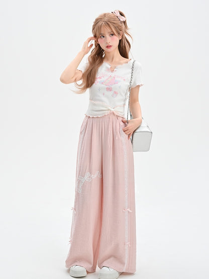 Sweet Regular/Short Pink High Version Waist Wide-Leg Pants Bowknot Embroidery