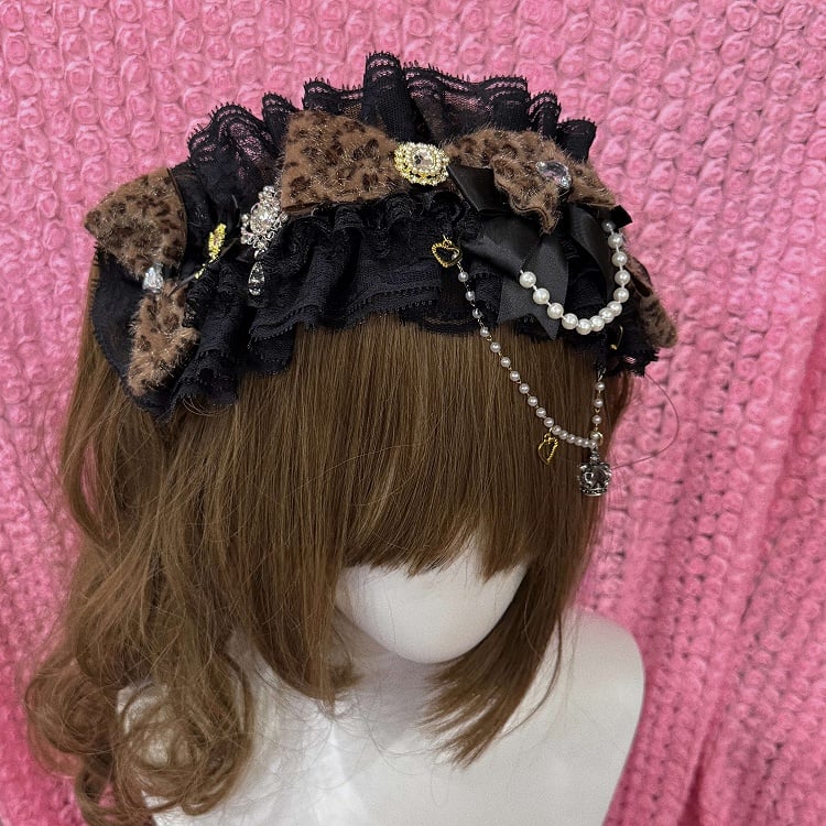 Hairband Chain Print Gyaru Pearl Lace Leopard Hime Fashion with Five-Color
