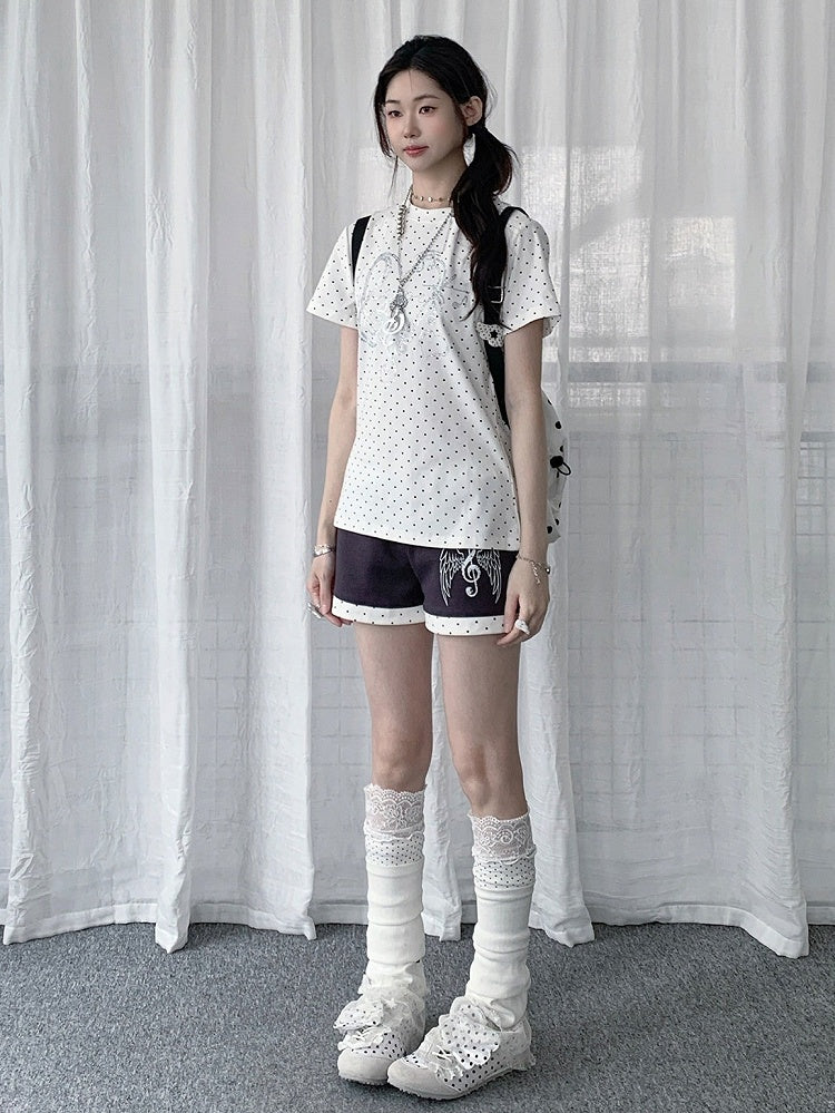 Gray Musical Note & Wing Print Shorts with Polka Dot Cuffs - Solkatt